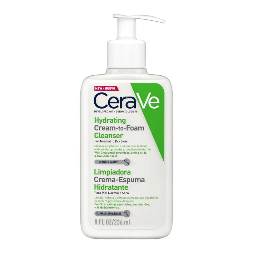 CeraVe Hydrating Cream-To-Foam Cleanser con 3 ceramidas y ácido hialurónico para una hidratación profunda.