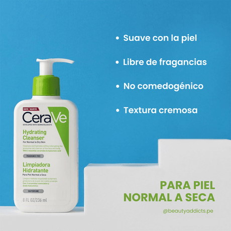 Limpiadora Hidratante con textura cremosa de CeraVe que respeta la barrera cutánea.