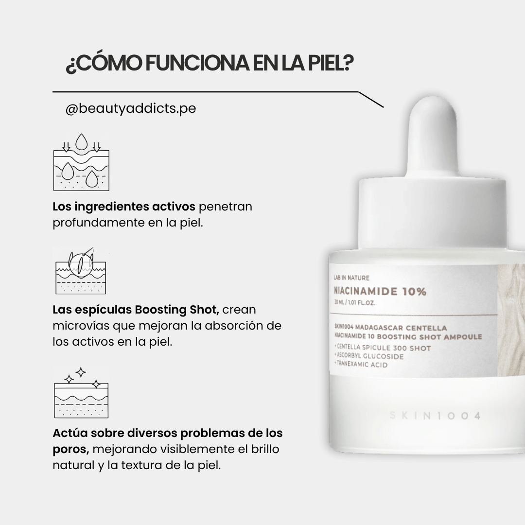 Niacinamide 10% Boosting Shot de Skin1004, que actúa en 3 pasos para una piel más uniforme.