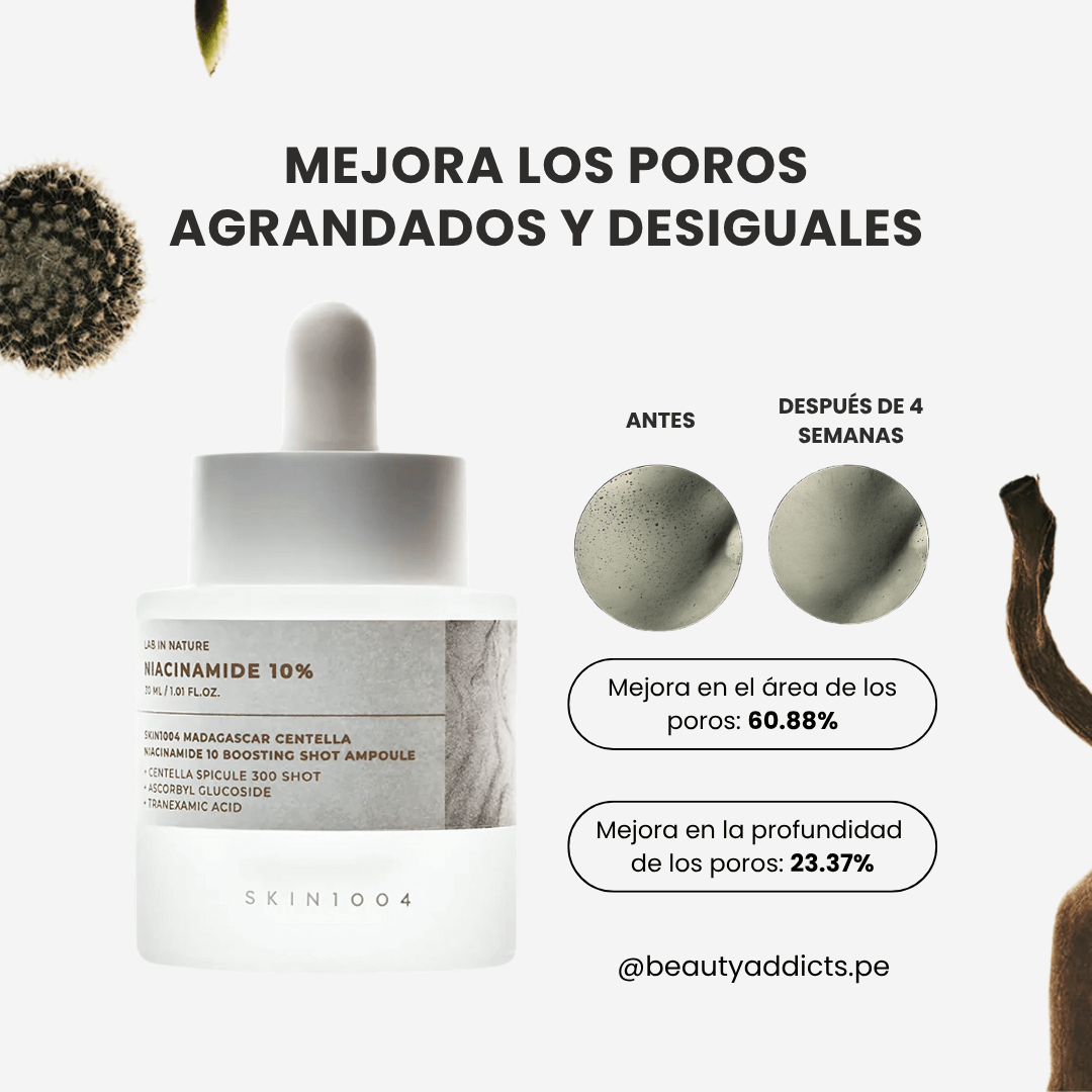 Serum Skin 1004 con 10% de niacinamida que mejora textura y controla el exceso de grasa.