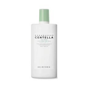 Madagascar Centella Tea-Trica Soothing Sun Milk Skin1004 protege con SPF50+ PA++++ mientras calma la piel con centella. 