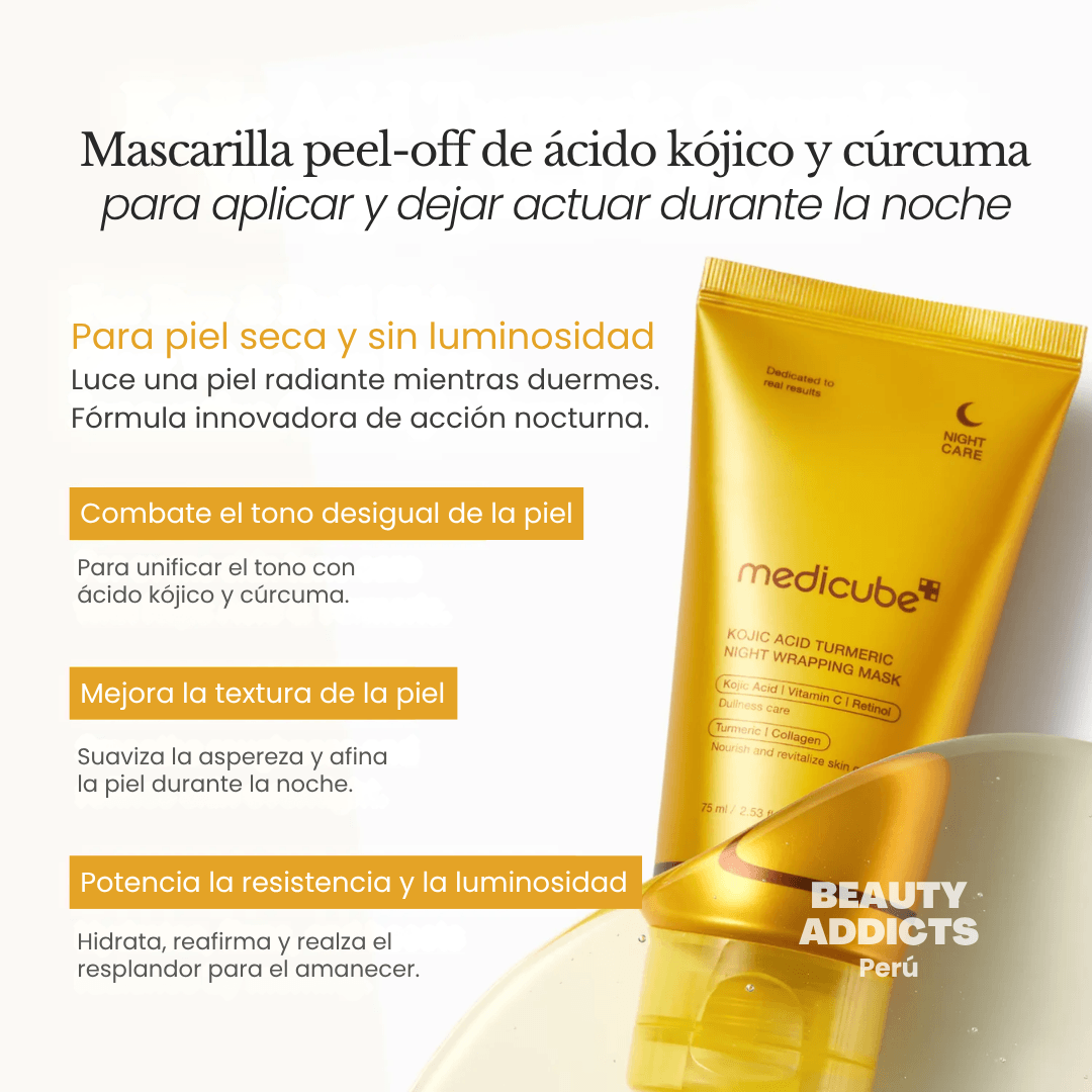 Mascarilla nocturna Medicube con ácido kójico y cúrcuma que hidrata intensamente mientras ayuda a mejorar manchas y aportar luminosidad durante la noche.