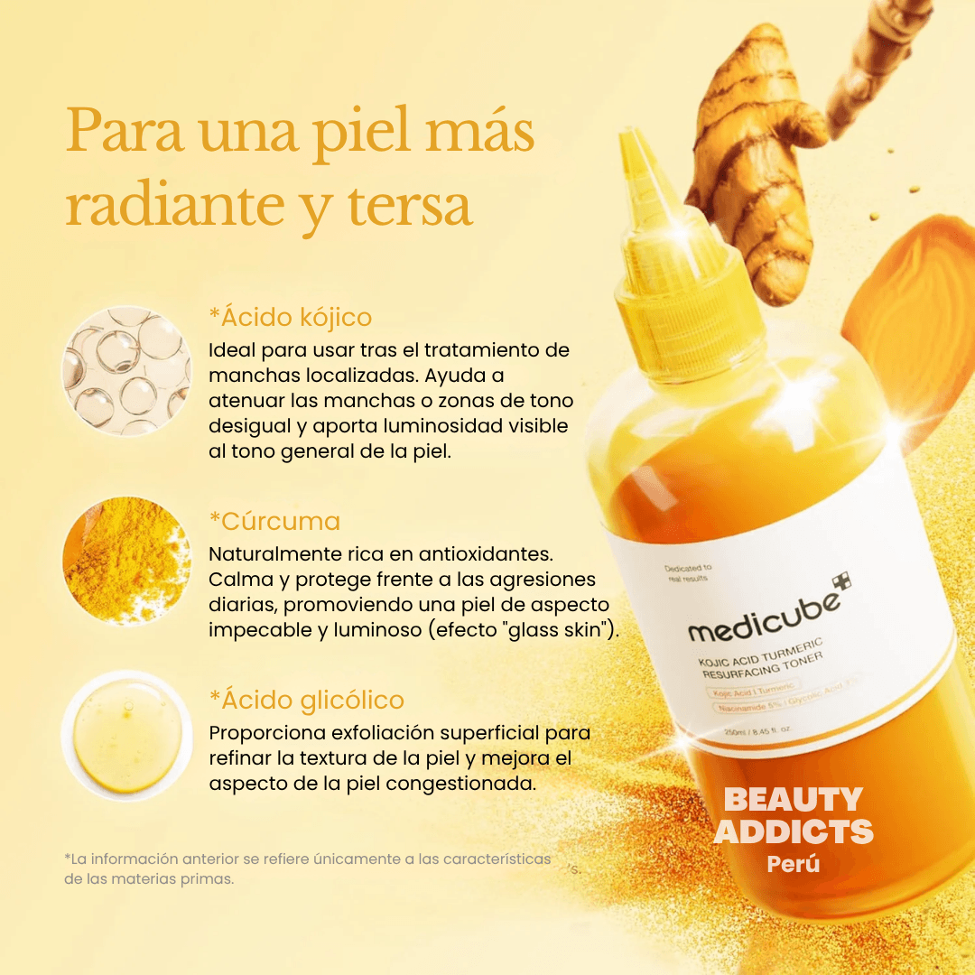 Tónico facial Medicube con ácido kójico, cúrcuma y activos renovadores que ayuda a mejorar manchas, unificar el tono y suavizar la textura de la piel.