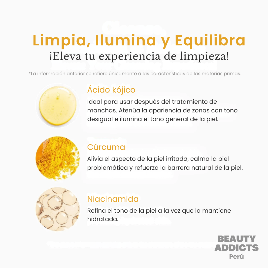 Limpiador facial Medicube con ácido kójico y cúrcuma que elimina impurezas mientras ayuda a iluminar la piel y unificar el tono.