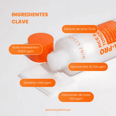 Mela-Pro Rice & TXA Toner de Nineless con arroz y ácido tranexámico que unifica e ilumina el tono.