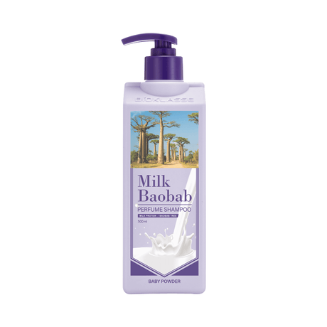 Shampoo perfumado Milk Baobab Baby Powder con fragancia suave y limpia tipo talco, que limpia delicadamente el cuero cabelludo mientras hidrata y deja el cabello sedoso y fresco.