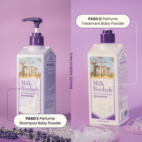 Cabello limpio, perfumado y suave en dos pasos. Paso 1: perfume shampoo baby powder. Paso 2: Perfume treatment baby powder.