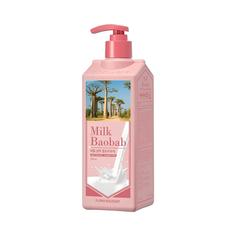 Shampoo Milk Baobab Flora Bouquet con fragancia floral elegante que limpia suavemente mientras hidrata y revitaliza el cuero cabelludo.