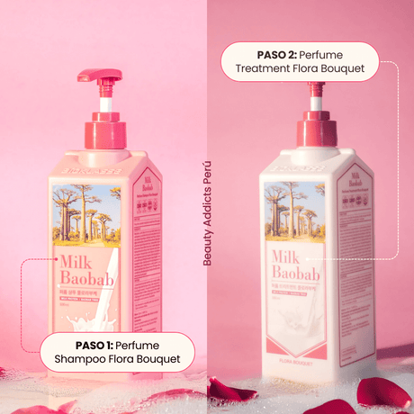 Cuero cabelludo limpio y tratamiento para el cabello suave en dos pasos. Paso 1: perfume shampoo flora bouquet. Paso 2: perfume treatment flora bouquet.