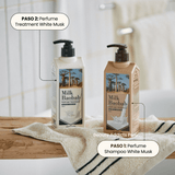 Cabello suave, fresco y delicadamente aromatizado, con dos pasos, paso 1, perfume shampoo white musk y paso 2, perfume treatment white musk.