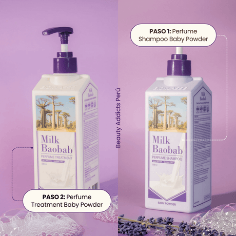 Cuero cabelludo limpio y cabello con brillo en dos pasos. Paso 1: perfume shampoo baby powder. Paso 2: Perfume treatment baby powder.