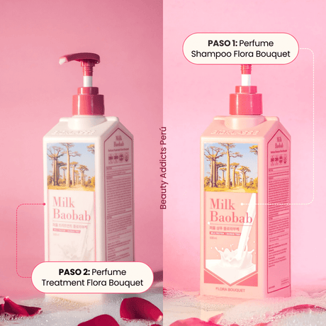 Tratamiento fortalecedor que reduce el frizz y mejora la elasticidad capilar. Paso 1, perfume shampoo flora bouquet y paso 2, perfume treatment flora bouquet.
