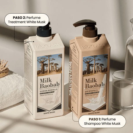 Aroma elegante y duradero, ideal para cabello seco o apagado, paso 1, perfume shampoo white musk y paso 2, perfume treatment white musk.