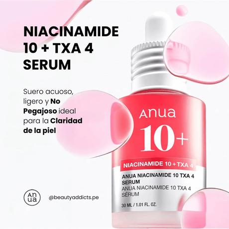 Niacinamide 10+TXA 4 Serum de Anua, que mejora la textura de la piel y aclara hiperpigmentaciones y melasma.
