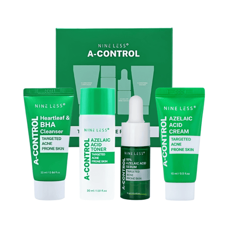 Kit mini A-Control Nineless para piel con acné e imperfecciones: heartleaf & BHA cleanser, azelaic acid toner, 10% azelaic acid serum y azelaic acid cream.