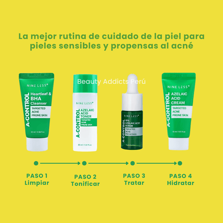 Mini rutina Nineless a-control para piel grasa y tendencia acneica.