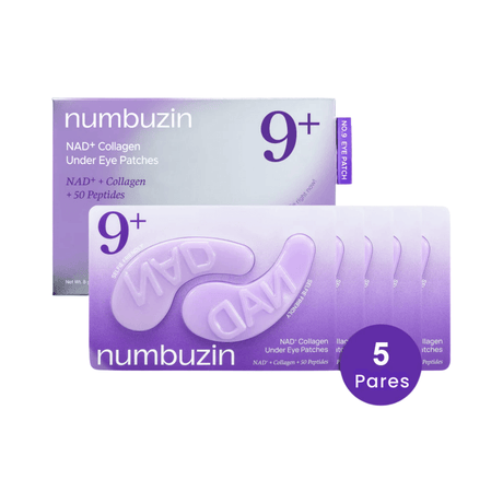Parches de ojos Numbuzin No.9 con NAD+ y colágeno para firmeza y luminosidad.