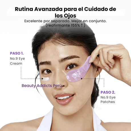 Tratamiento intensivo para ojeras con tecnología NAD+ antioxidante. Paso 1: No. 9 Eye cream. Paso 2: No. 9 Eye Pathes.