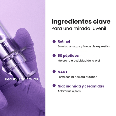 Fórmula antiedad con colágeno y antioxidantes para mirada rejuvenecida.