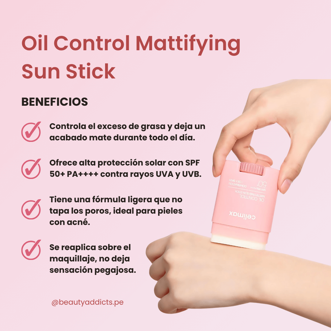 Celimax Oil Control Mattifying Sun Stick previene fotoenvejecimiento con fórmula mate y suave.