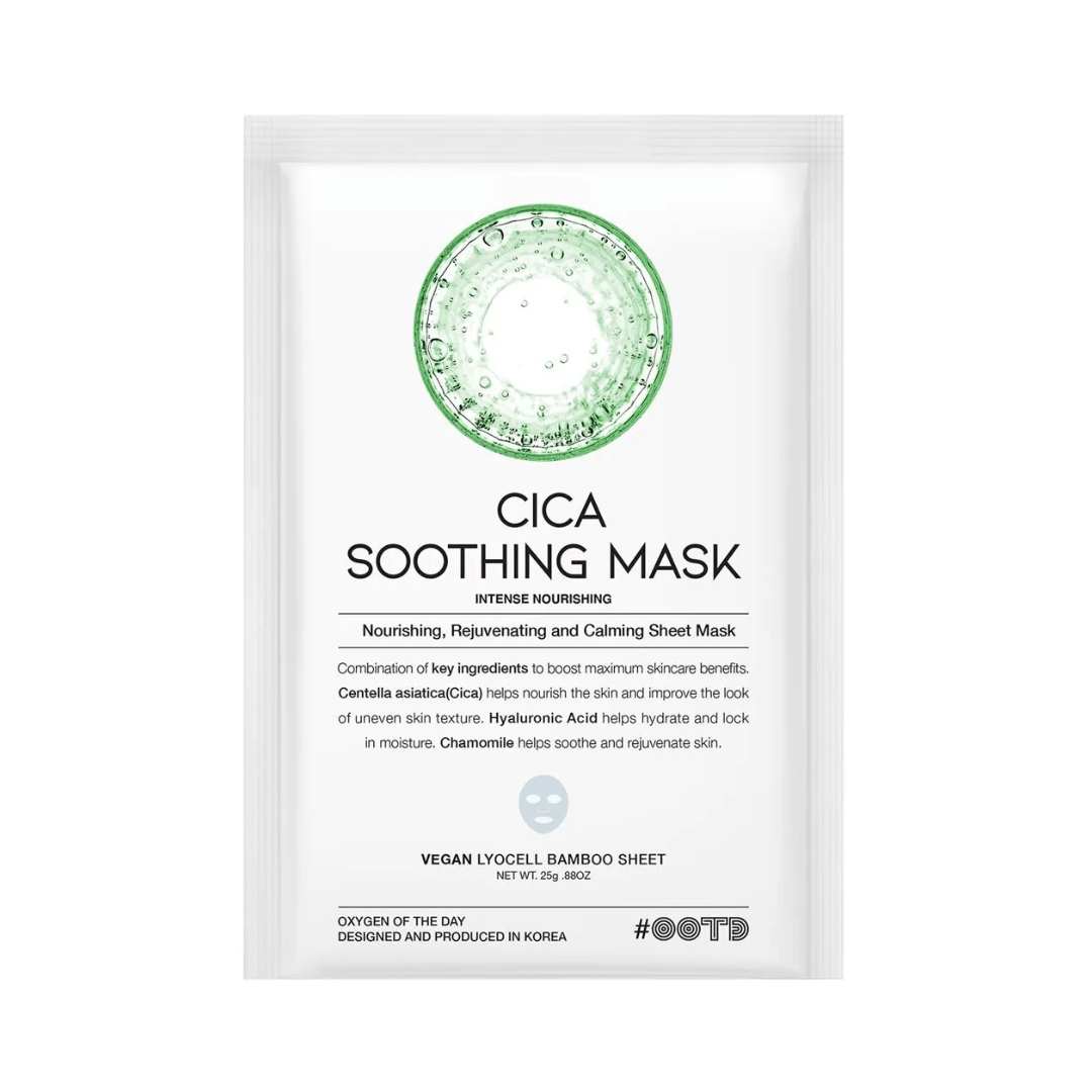 Mascarilla calmante OOTD Cica Soothing Mask con centella asiática para reducir rojeces, calmar irritación y reforzar la barrera cutánea.