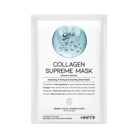 Mascarilla facial OOTD Collagen Supreme Mask con colágeno para mejorar la elasticidad y suavizar líneas finas en piel seca o madura.
