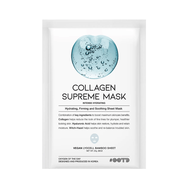Mascarilla facial OOTD Collagen Supreme Mask con colágeno para mejorar la elasticidad y suavizar líneas finas en piel seca o madura.