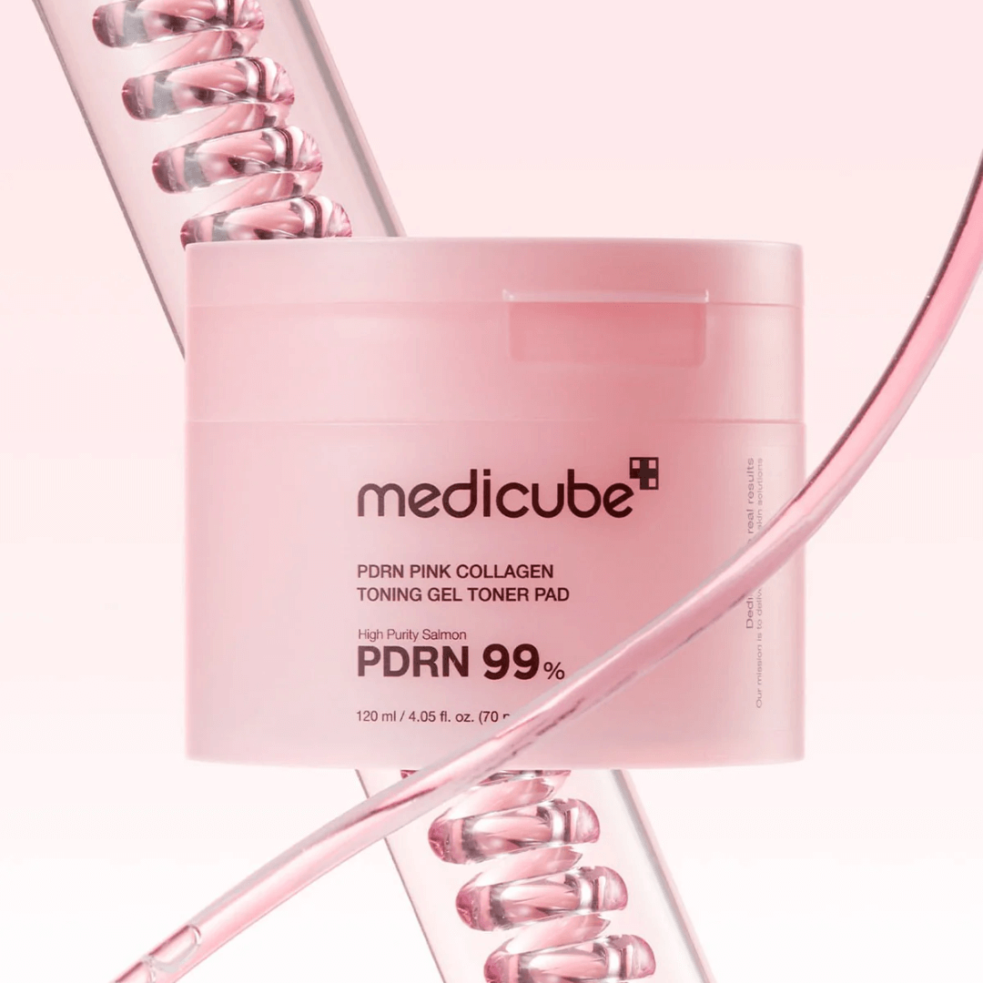Medicube PDRN Pink Collagen Toning Gel Toner Pad mejora tono y firmeza.