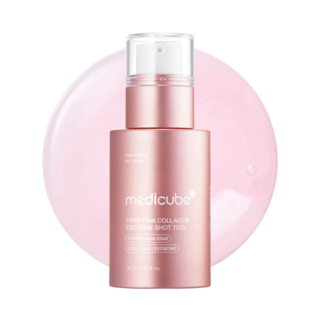 PDRN Pink Collagen Exosome Shot Serum 7500 de Medicube unifica tono y reduce hiperpigmentación.