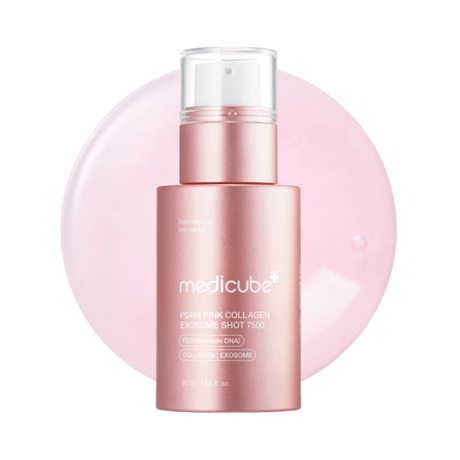 PDRN Pink Collagen Exosome Shot Serum 7500 de Medicube unifica tono y reduce hiperpigmentación.