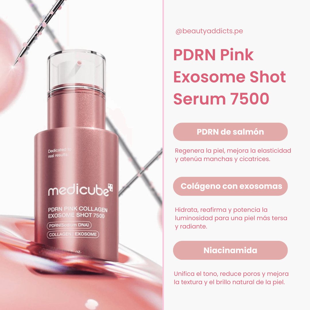 PDRN Pink Collagen Exosome Shot Serum 7500 que con niacinamida unifica el tono y reduce poros.