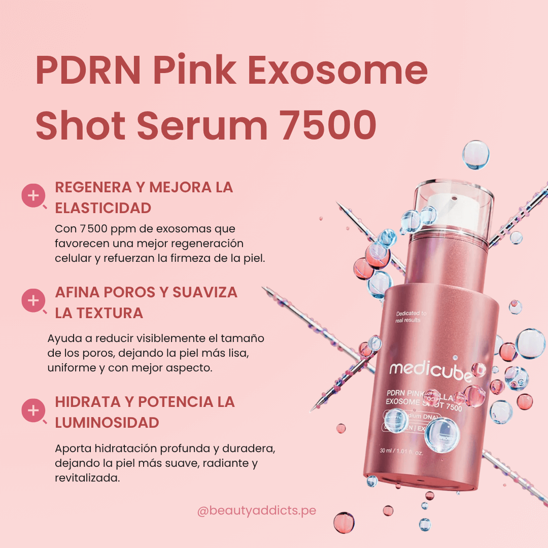 Medicube PDRN Pink Collagen Exosome Shot Serum 7500 hidrata y potencia la luminosidad.
