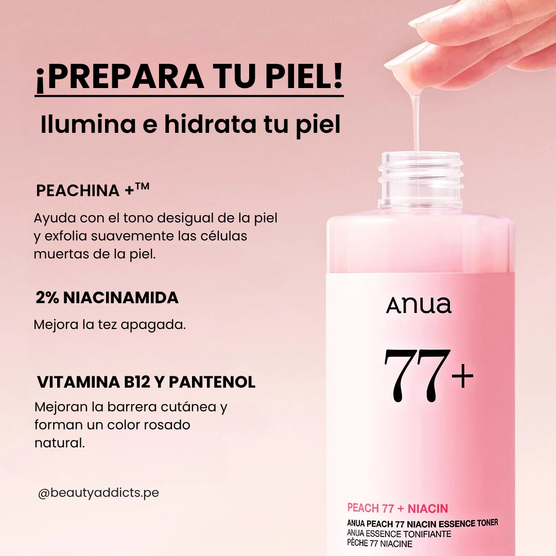 Tónico esencia de Anua con 77 % de extracto de durazno para piel suave y radiante.