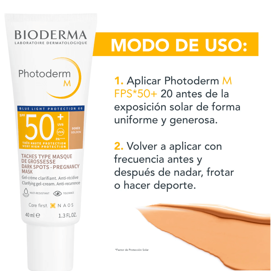 Photoderm M Bioderma contiene filtros UVA UVB y luz azul para defensa avanzada.