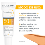 Photoderm M Bioderma contiene filtros UVA UVB y luz azul para defensa avanzada.