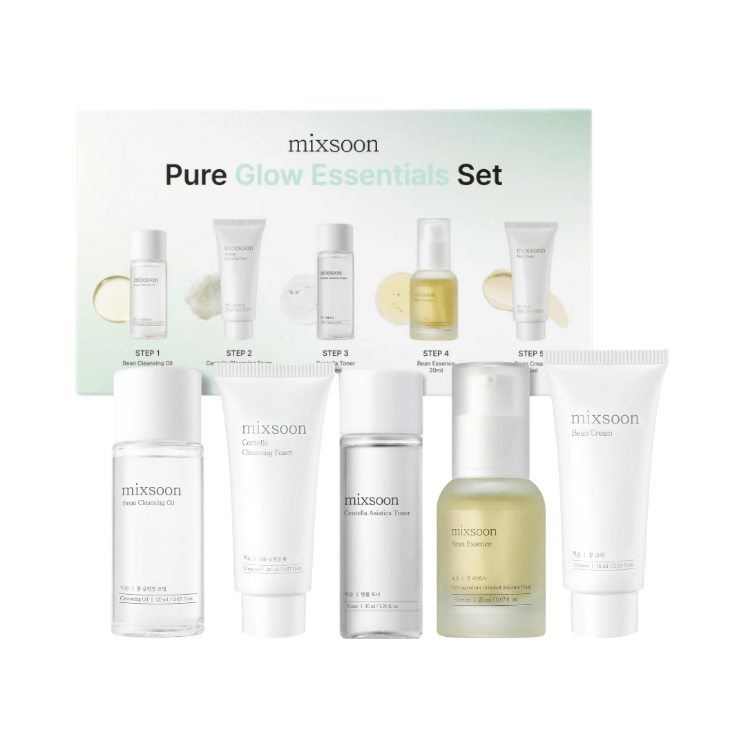 Set Pure Glow Essentials de Mixsoon con productos esenciales para hidratar, iluminar y mejorar la textura de la piel en una rutina completa de skincare.