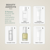 Set de productos esenciales para una piel más radiante, uniforme y visiblemente saludable: bean cleansing oil, centella cleansing foam, centella toner, bean essence, bea cream.