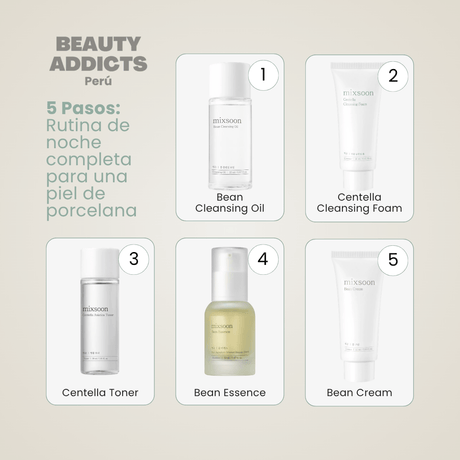 Set de productos esenciales para una piel más radiante, uniforme y visiblemente saludable: bean cleansing oil, centella cleansing foam, centella toner, bean essence, bea cream.