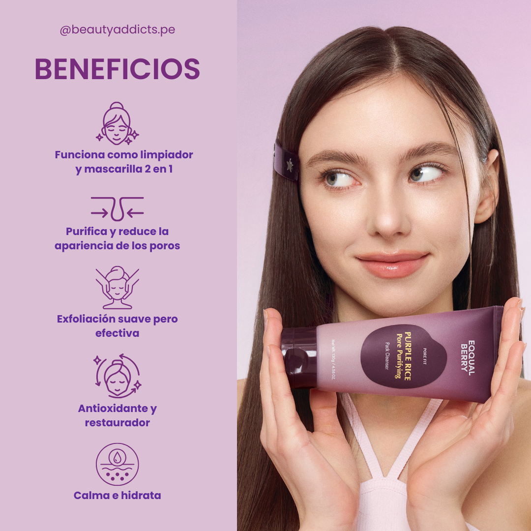 Eqqualberry Purple Rice Pore Purifying Pack Cleanser calma irritaciones y equilibra la barrera cutánea.