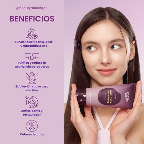 Eqqualberry Purple Rice Pore Purifying Pack Cleanser calma irritaciones y equilibra la barrera cutánea.