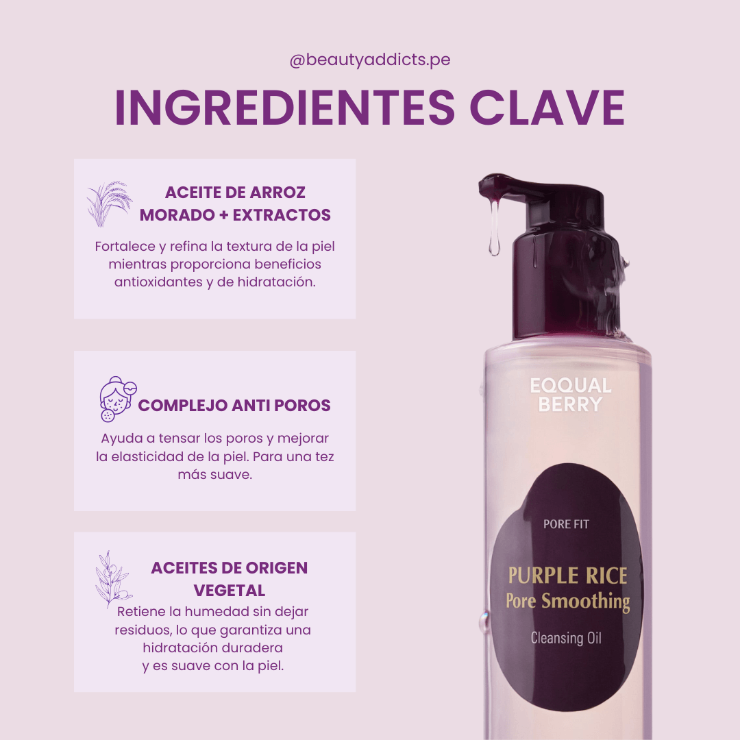Purple Rice Pore Smoothing Cleansing Oil de Eqqualberry purifica y nutre con extractos vegetales.