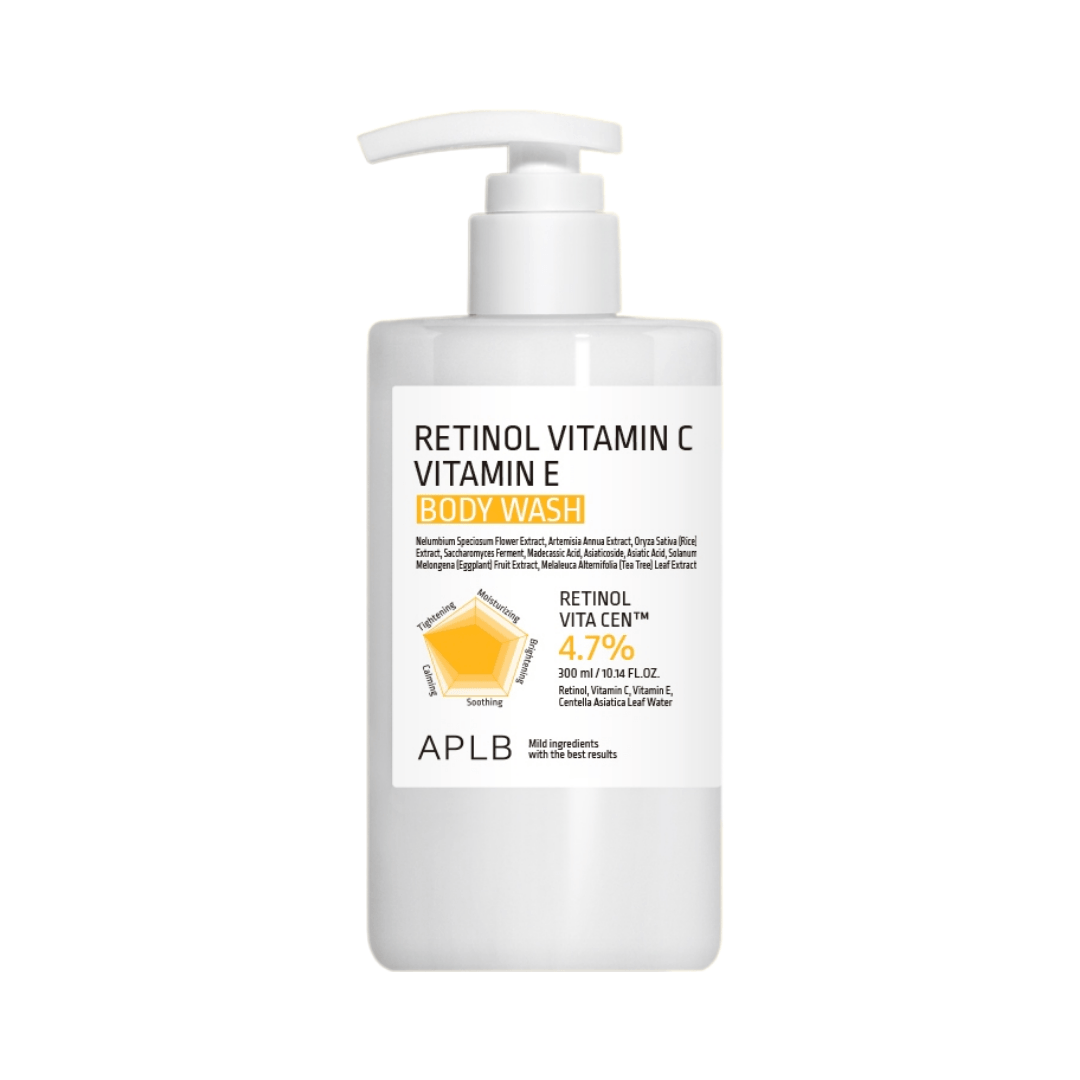 Gel de baño corporal APLB con retinol, vitamina C y vitamina E que limpia suavemente mientras ayuda a mejorar la luminosidad y textura de la piel.