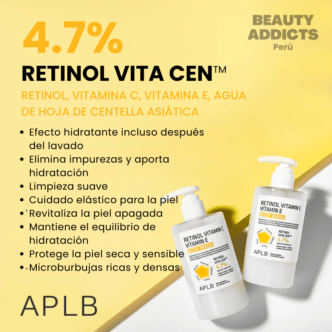 Limpiador corporal con retinol y vitaminas que ayuda a mejorar el aspecto de la piel opaca y con textura irregular.