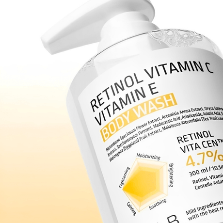 Retinol Vitamin C Vitamin E Body Wash formulado para limpiar profundamente sin resecar, aportando nutrición y confort.