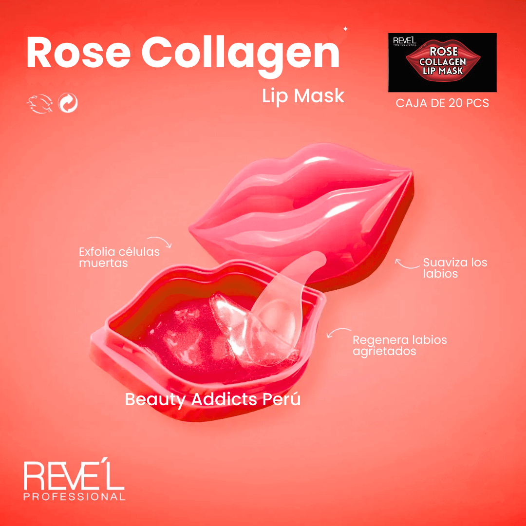 Mascarilla labial Revel Professional Rose Collagen Lip Mask con colágeno y extracto de rosa que hidrata profundamente, mejora la elasticidad y suaviza labios secos o agrietados durante la noche.