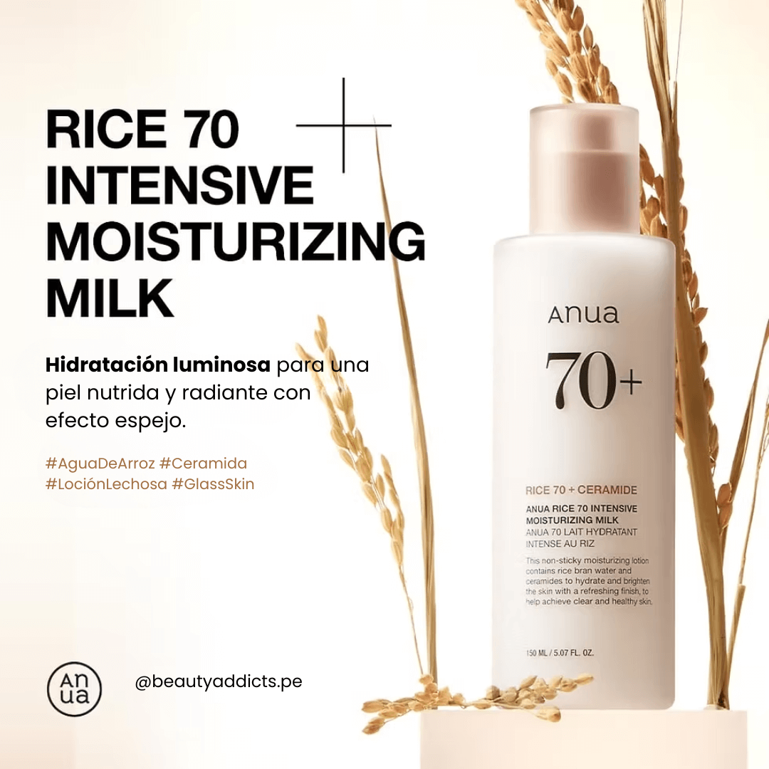 Leche facial Anua Rice 70 Intensive Moisturizing Milk  que fortalece la barrera y unifica el tono.
