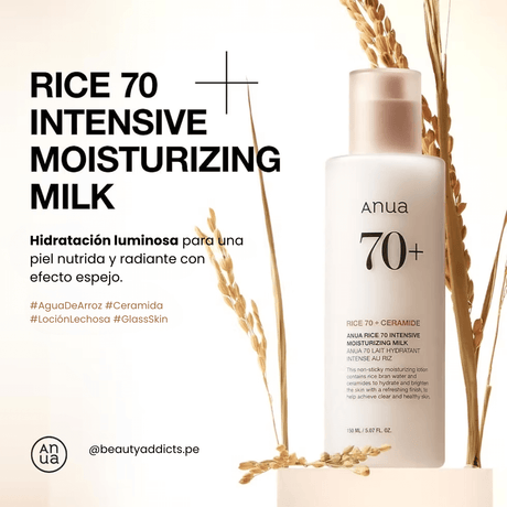 Leche facial Anua Rice 70 Intensive Moisturizing Milk  que fortalece la barrera y unifica el tono.