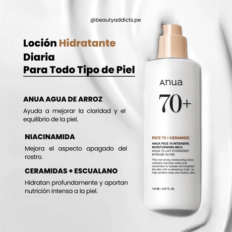 Anua Rice 70 Milk con escualano y ceramidas que suavizan líneas. mejora el tono y retiene humedad en la piel.