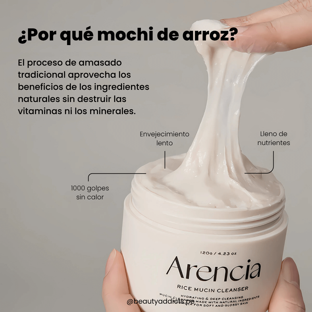 Arencia Rice Mucin Cleanser ideal para fortalecer la barrera y aportar luminosidad al rostro.