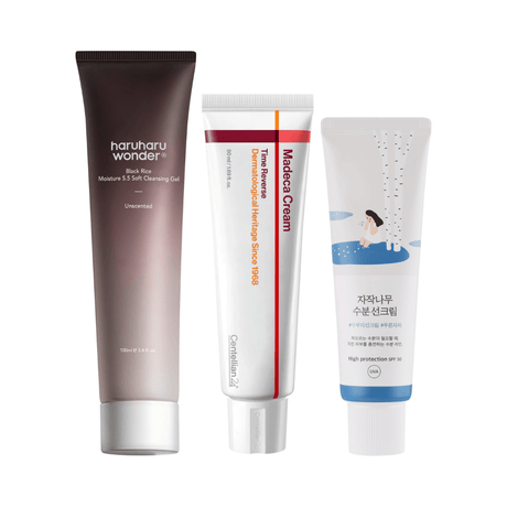 Kit de rutina básica antiedad: Black Rice Moisture 5.5 Soft Cleansing Gel, Madeca Cream Time Reverse y Birch Juice Moisturizing Sunscreen.